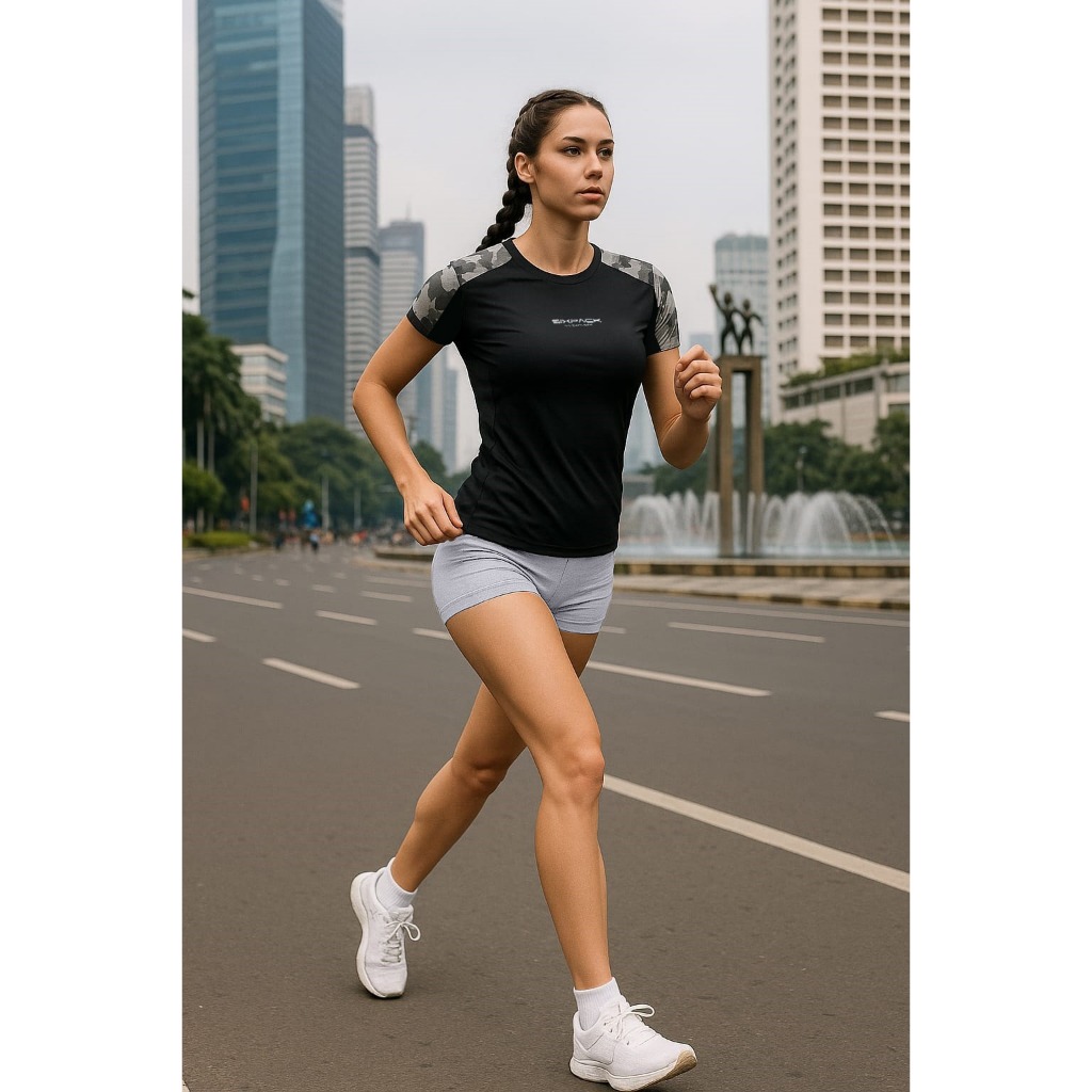 Kaos Olahraga Wanita Kombinasi Pundak Printing Gym Yoga Aerobic Fitness By Sixpack Kode K36