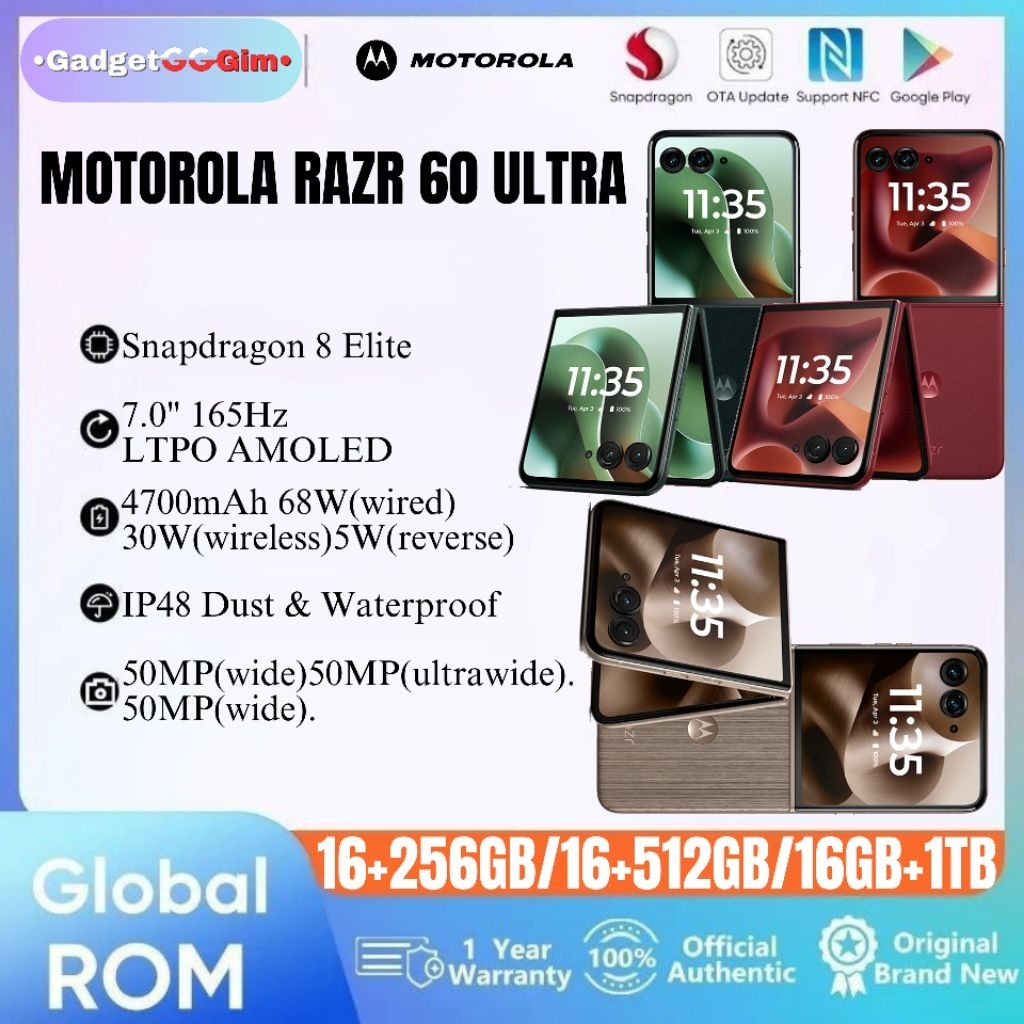 Motorola Razr 60 Ultra 5G Snapdragon 8 Elite 165Hz IP48 BNIB Garansi Resmi 1 Tahun HP Original