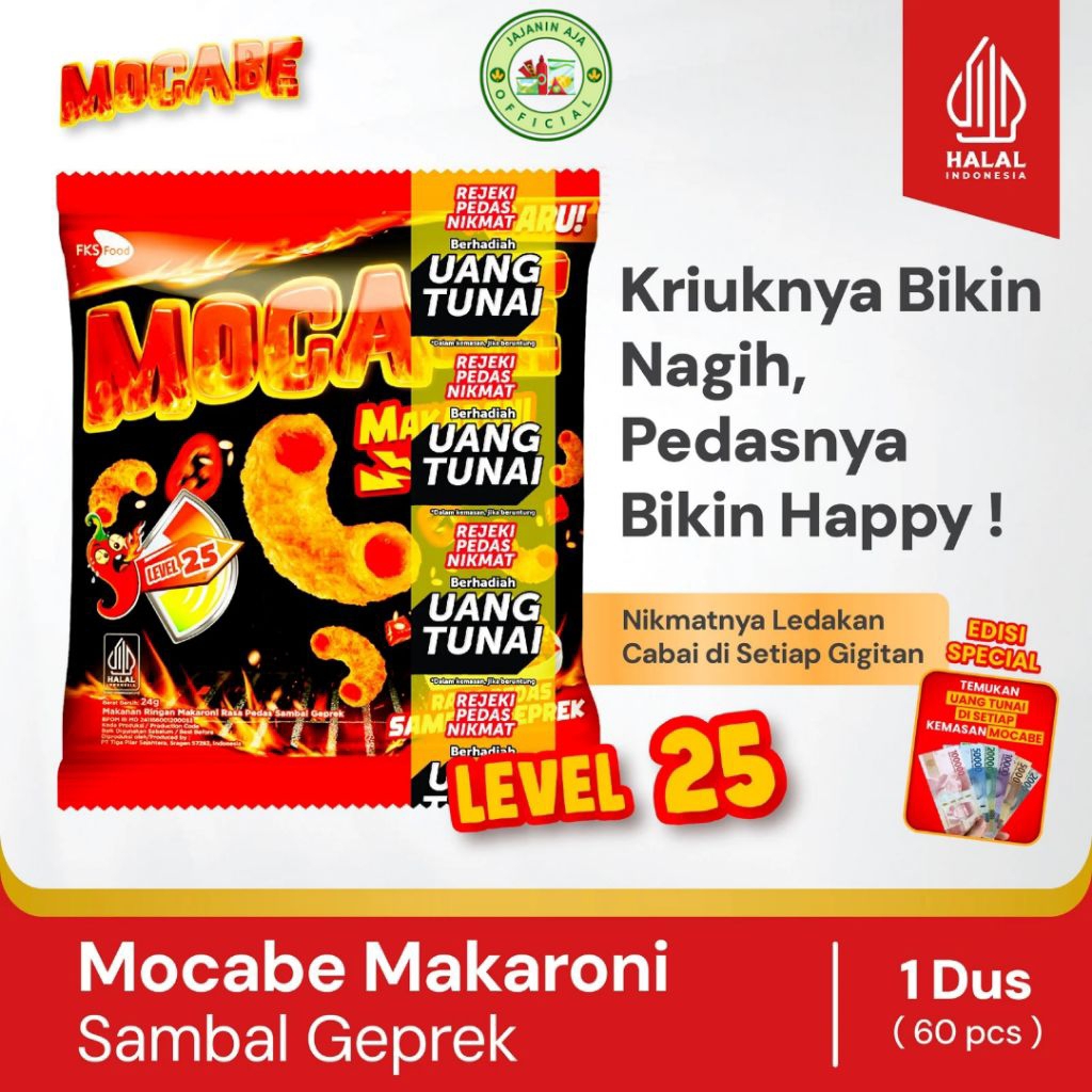 

Mocabe Rasa Sambal Geprek | Cemilan Renyah Pedas | Small Pack (6 Renceng) 1 Karton 60 Pcs × 24gr + Free 12 Pcs
