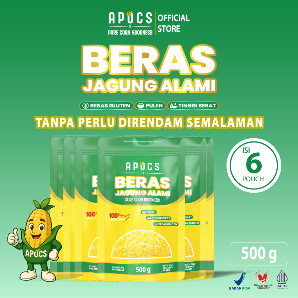 

Beras Jagung Alami Premium APOCS (500 g) Isi 6 Pouch LEBIH HEMAT, Cocok untuk Diet