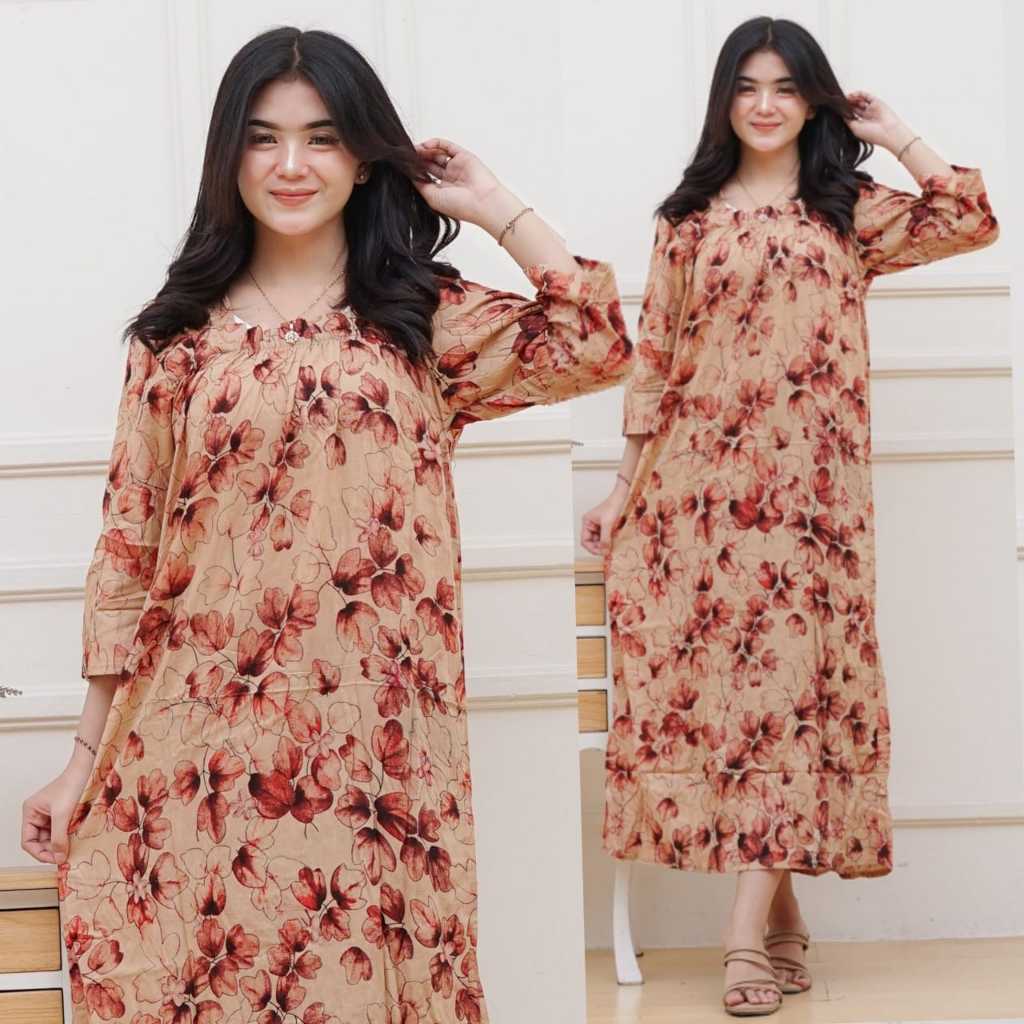 Daster Rayon Fuji Lengan 7/8  - Leher Dada Karet - Dress Panjang Batik - Bahan Adem Lembut