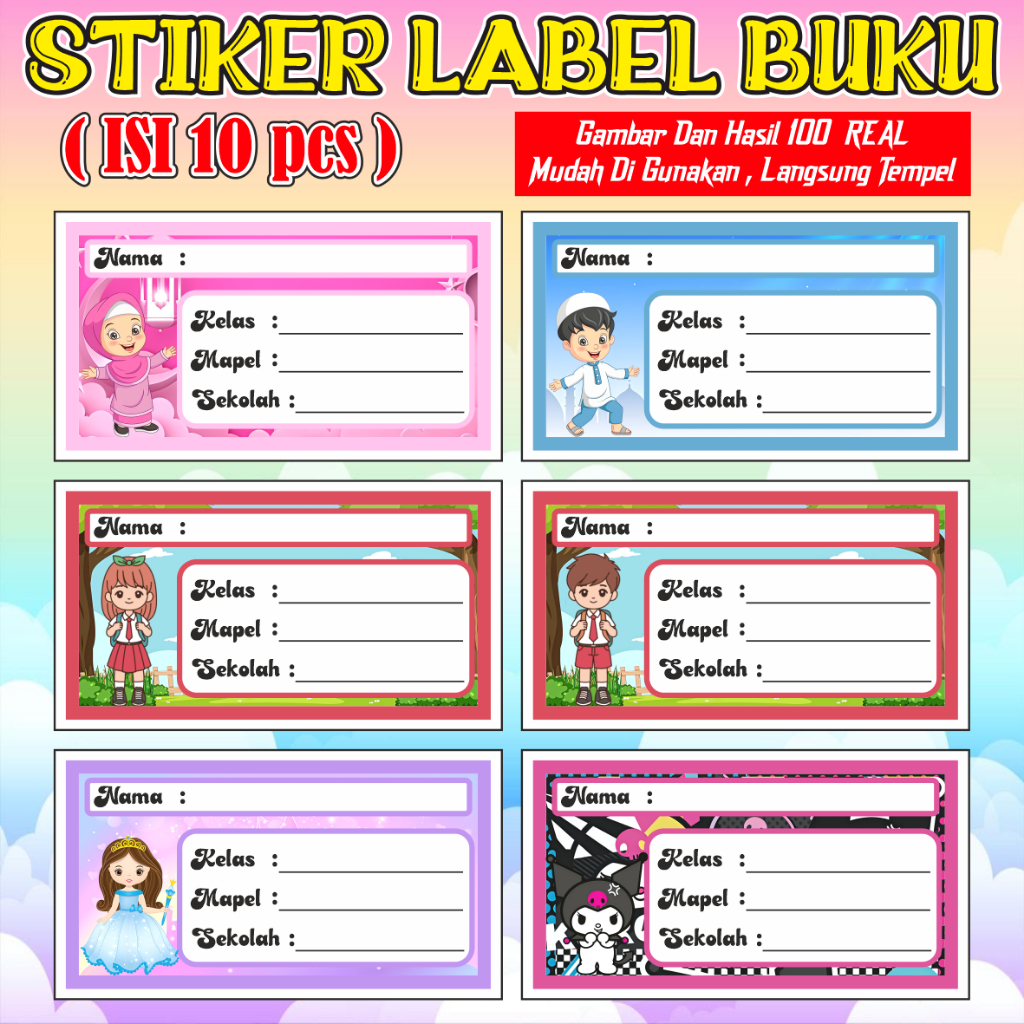 

(ISI 10) Stiker Label Buku Karakter/Label Nama Buku Tulis, Sampul Buku Anti Air