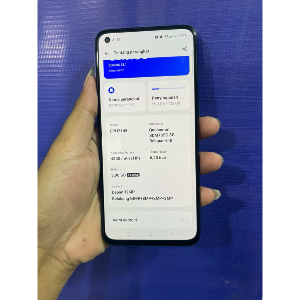 oppo reno 5 5G ram 8/128 hp only