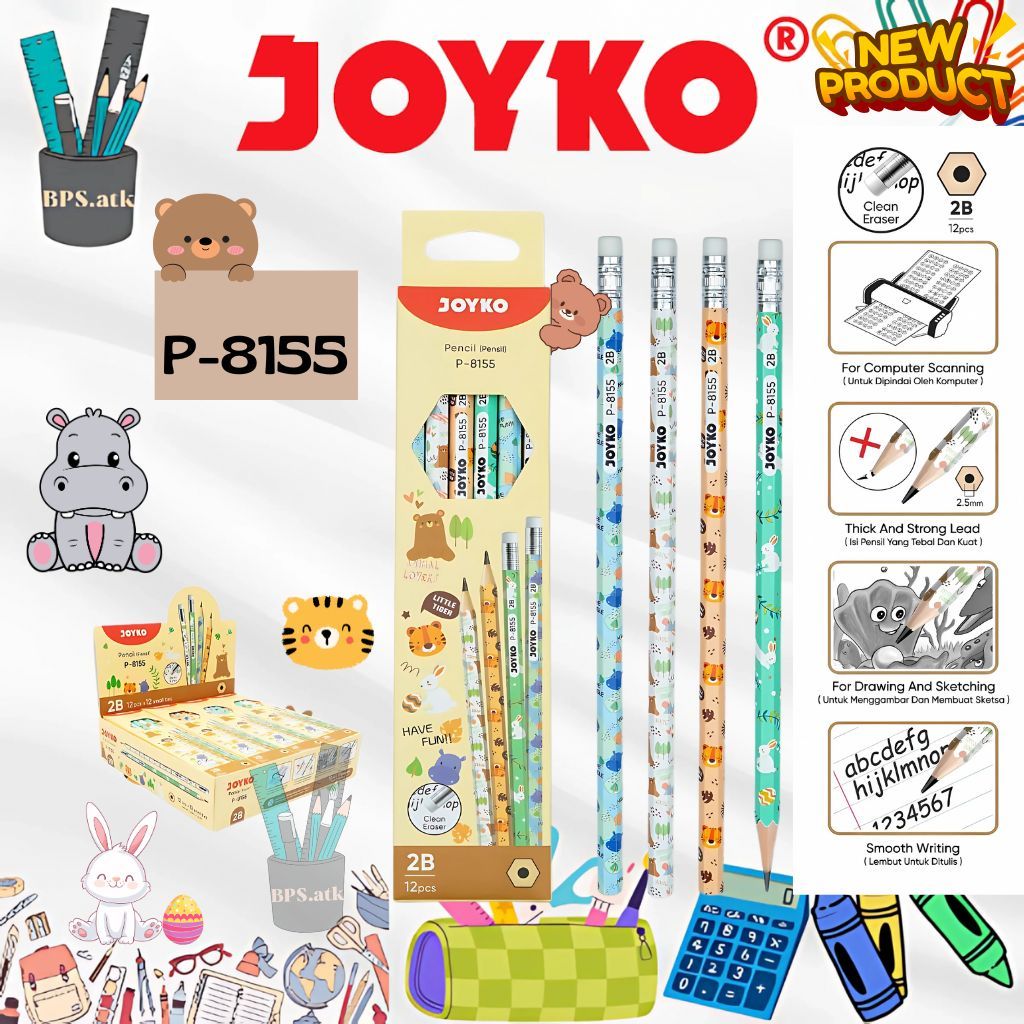 

(12 pcs ) Pensil / Pencil JOYKO P-8155 2B Animal Lovers Karakter Terbaru
