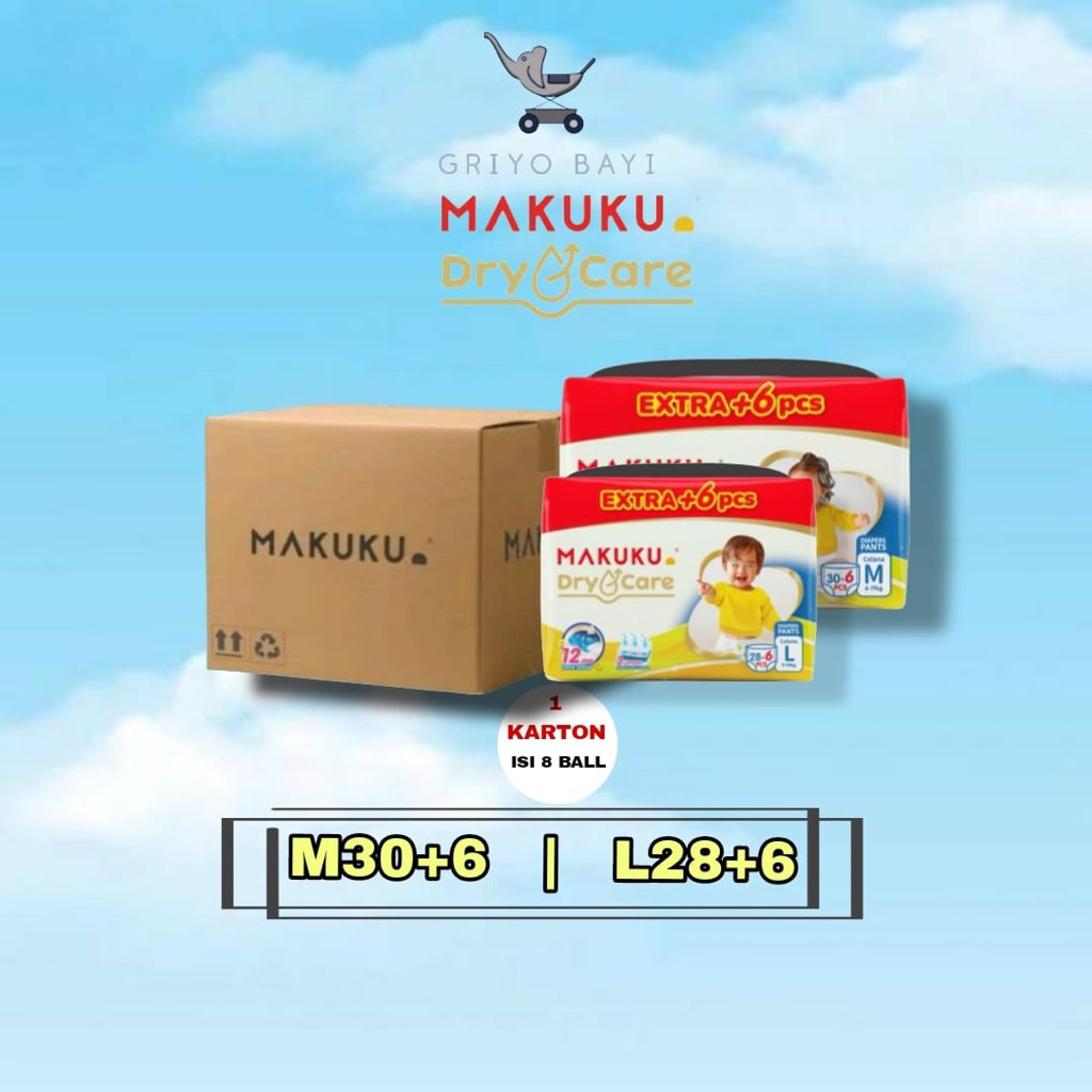 [PAKET 1 KARTON] Makuku Dry Care Extra | M30+6 , L28+6 | Popok Bayi | Unisex | Selembut Tissue