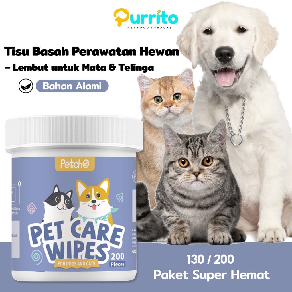 Purrito Tisu Basah Pembersih Mata Telinga Hewan Peliharaan untuk Kucing Anjing 130/200 Lembar Menghi
