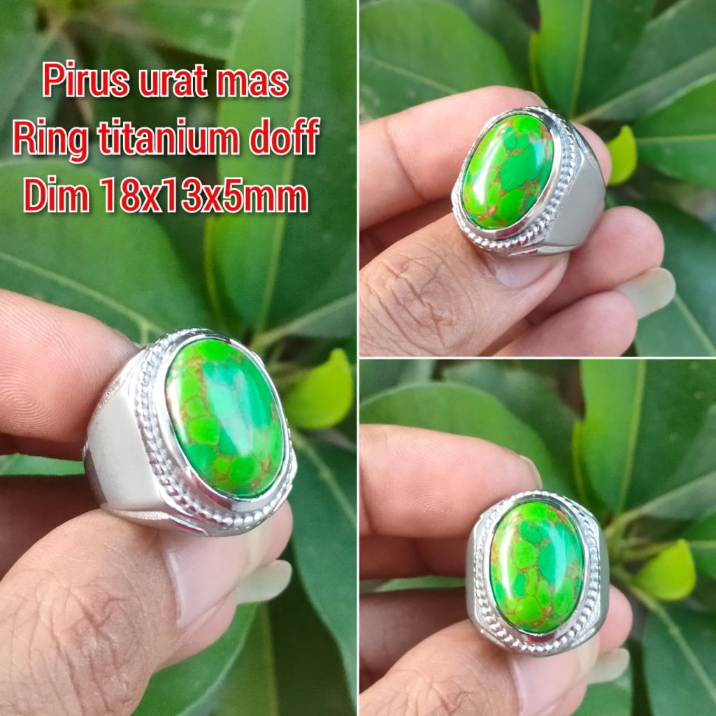 CINCIN PRIA BATU PIRUS HIJAU RING TITANIUM PUTIH DOFF