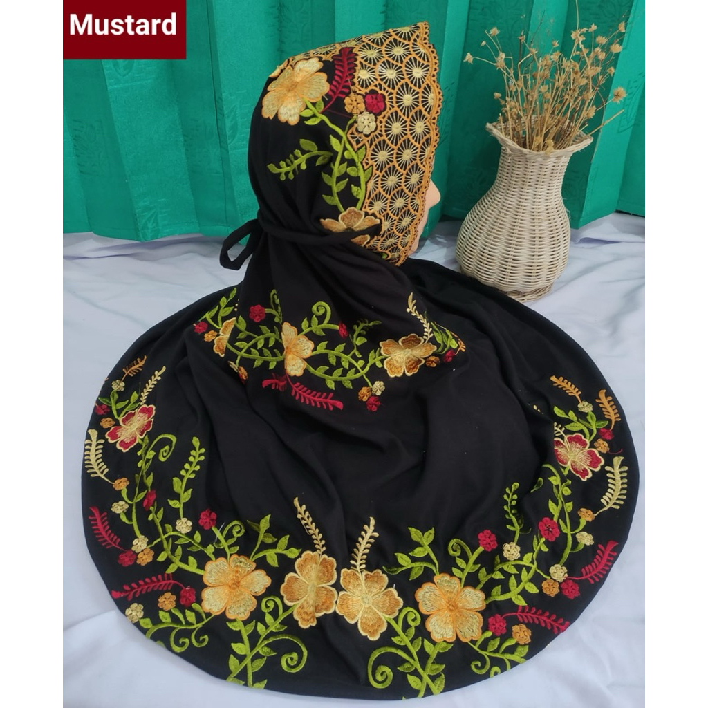 MUKENA LAJURAN BORDIR DEWASA WARNA HITAM MOTIF BUNGA SEPATU KATUN MICRO