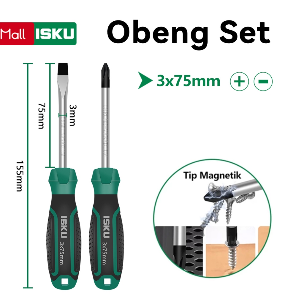 ISKU Obeng Set 2pcs 3*75mm Plus Minus Screwdriver Set Tip Magnetik/Alat Perkakas Obeng Sets