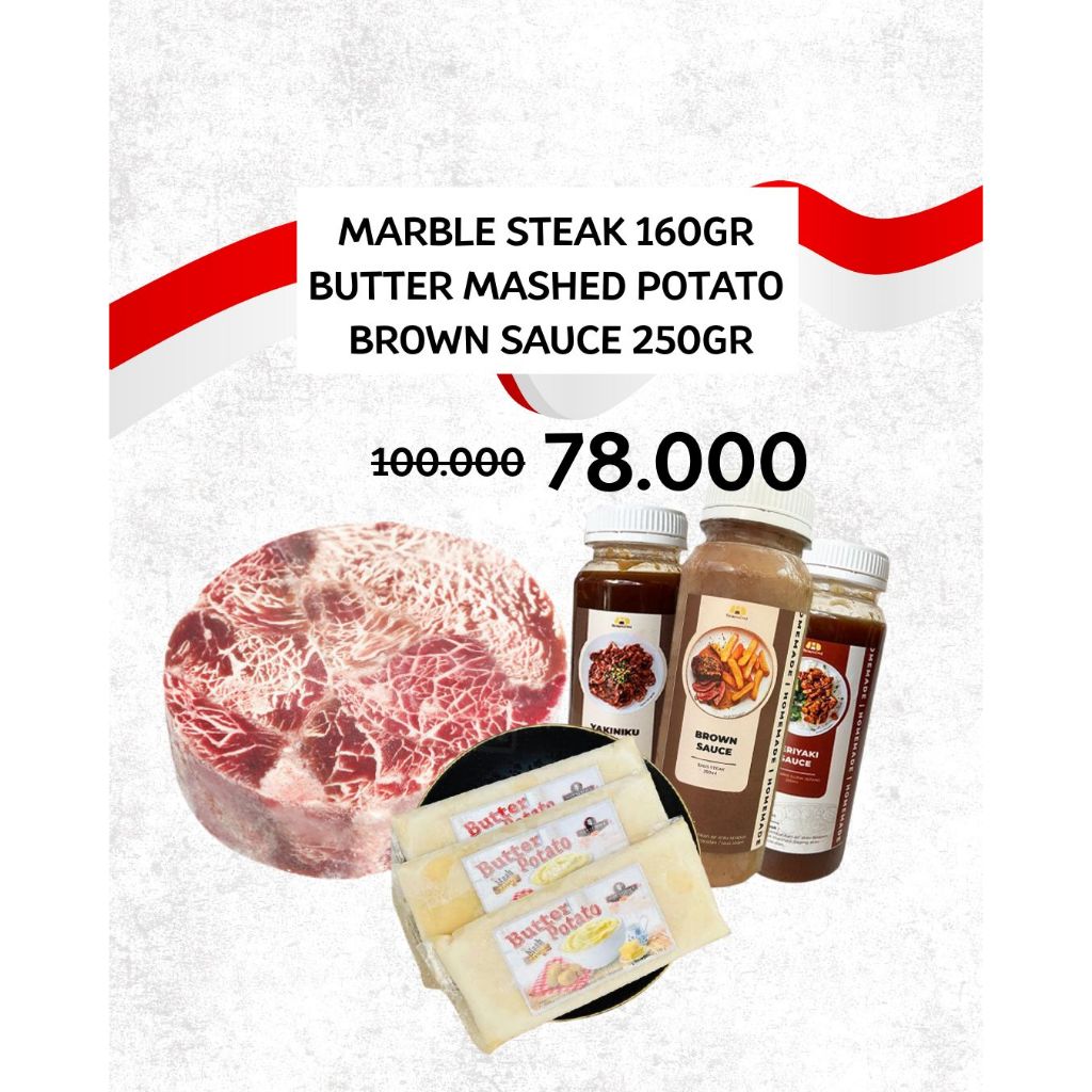 

(PROMO KEMERDEKAAN) MARBLE STEAK + MASHED POTATO + SAUS BROWN MUSHROOM