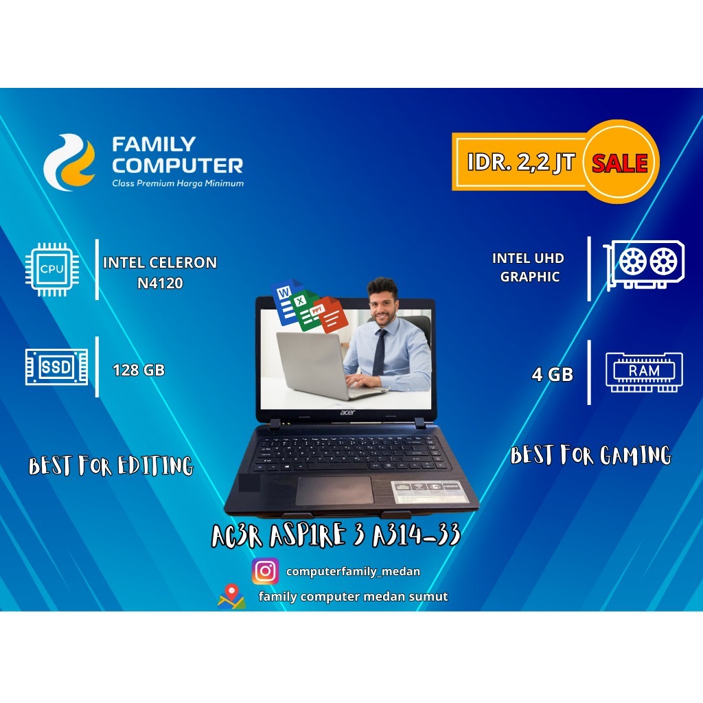 ACER ASPIRE 3 A314-33|INTEL CELERON N4120|128/4GB|INTEL UHD GRAPHIC