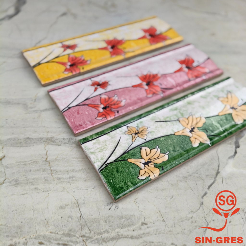 List Keramik Dinding | Listello Laser | 8x25 | Model Lengkung | Motif Bunga Lily