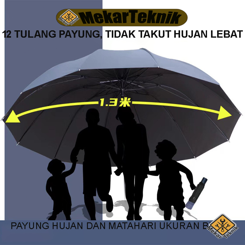 Payung Ukuran Super Besar 12 Tulang 130cm – Dual Fungsi Hujan & Matahari – Tahan Angin Kencang – Ber
