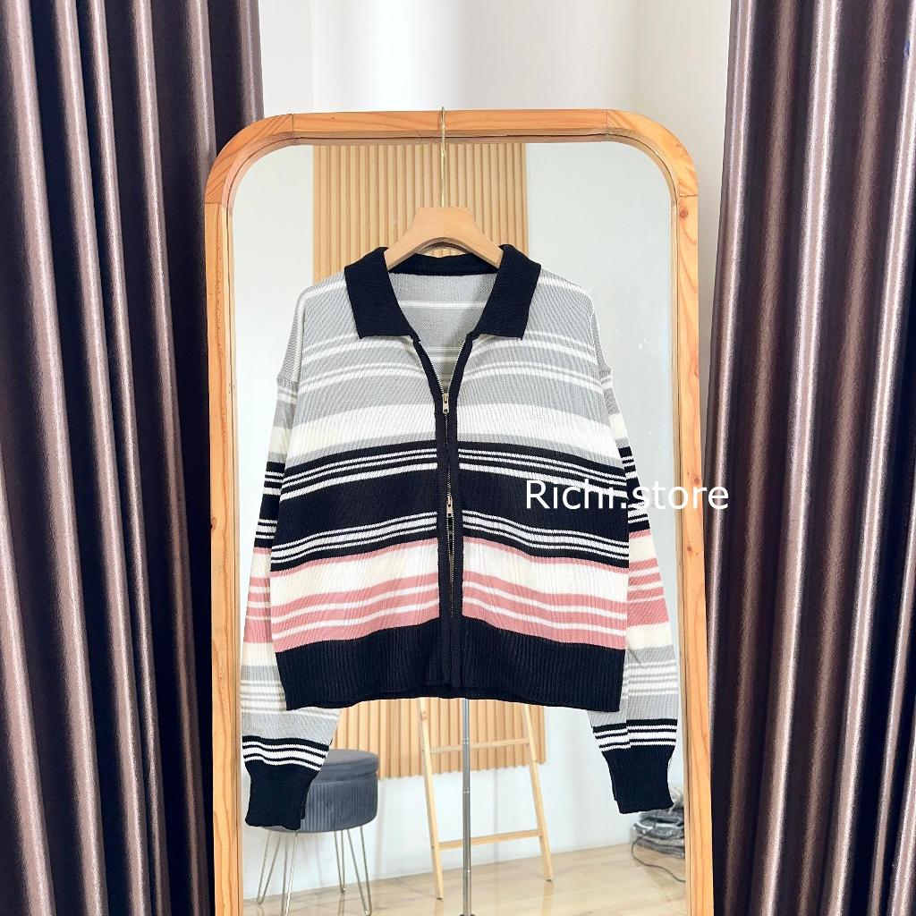 Maudy Cardigan Zipper Rajut Pelangi Baju Wanita Berkerah