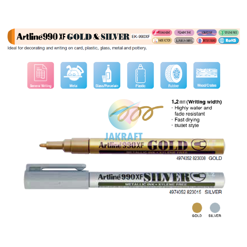 

(1 Pcs) Spidol Cat Permanen ARTLINE EK-990XF Gold Emas / Silver Perak Paint Permanent Marker Tebal 1.2 mm Anti Air Luntur Semua Permukaan All Surfaces Tidak Bisa Dihapus