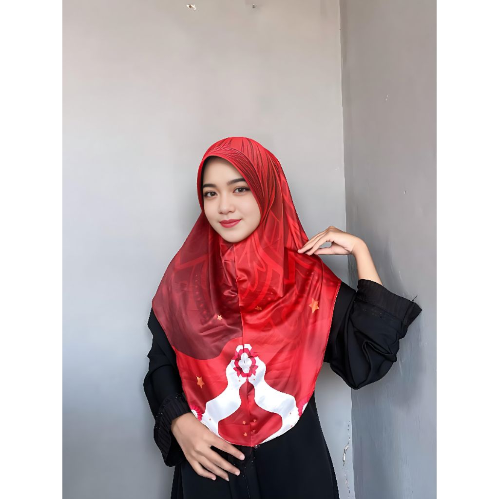 HIJAB Bergo Instan Motif Merah Putih Premium Printing - JILBAB Motif Spesial 17 Agustus Merah Putih 