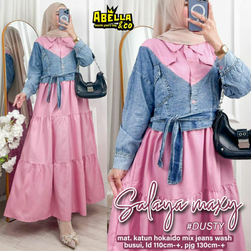 Salaya dress katun wanita muslimah mix jeans model rompi vest cantik