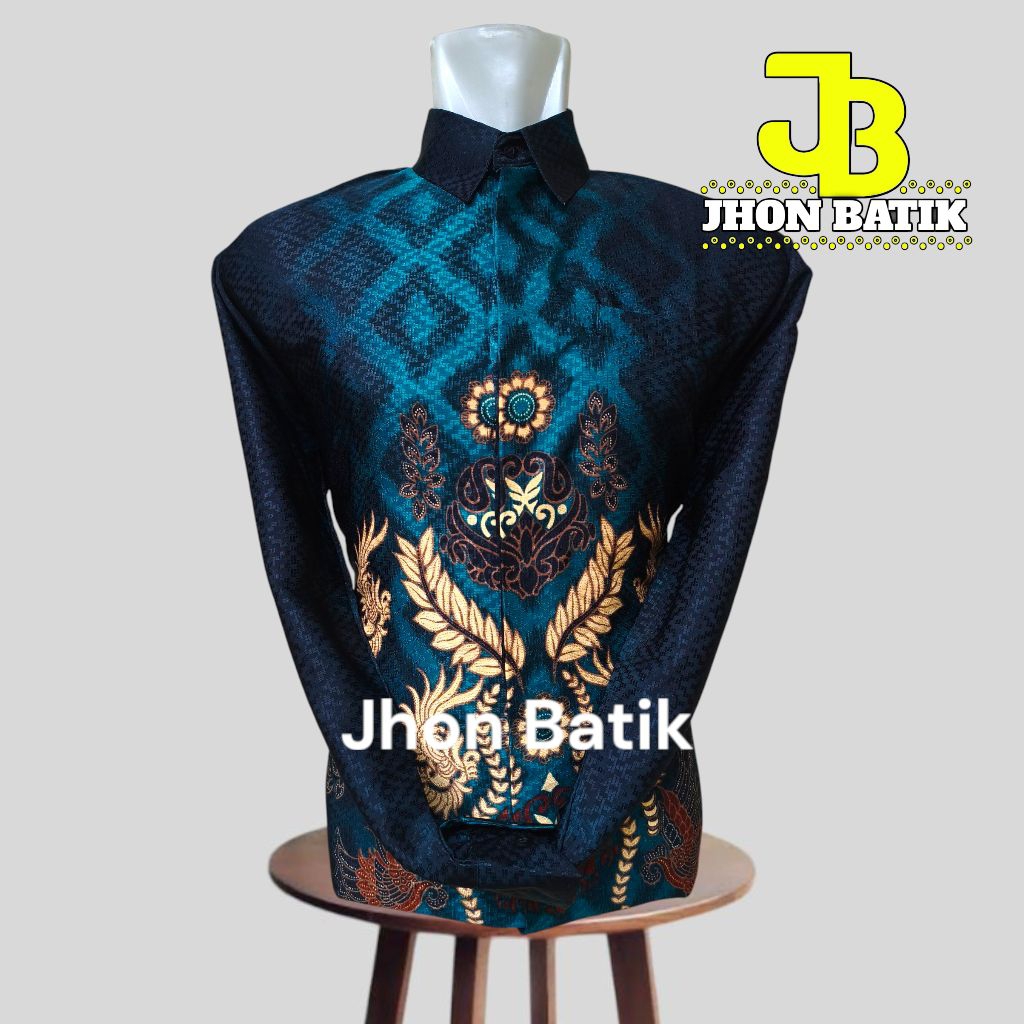 Baju Batik Bahan Dobby Serat Pria Dewasa Warna Hijau Emerald Lengan Panjang//batik hijau Emerald//ba