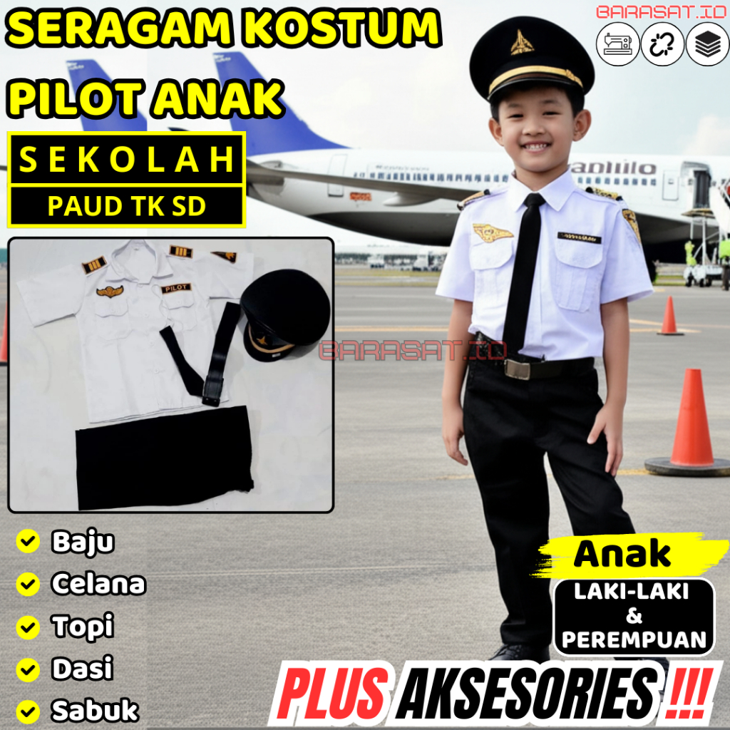 Busana Baju Pilot Anak Kostum Agustus Fashion Show Lengkap Aksesories Anak Laki Perempuan