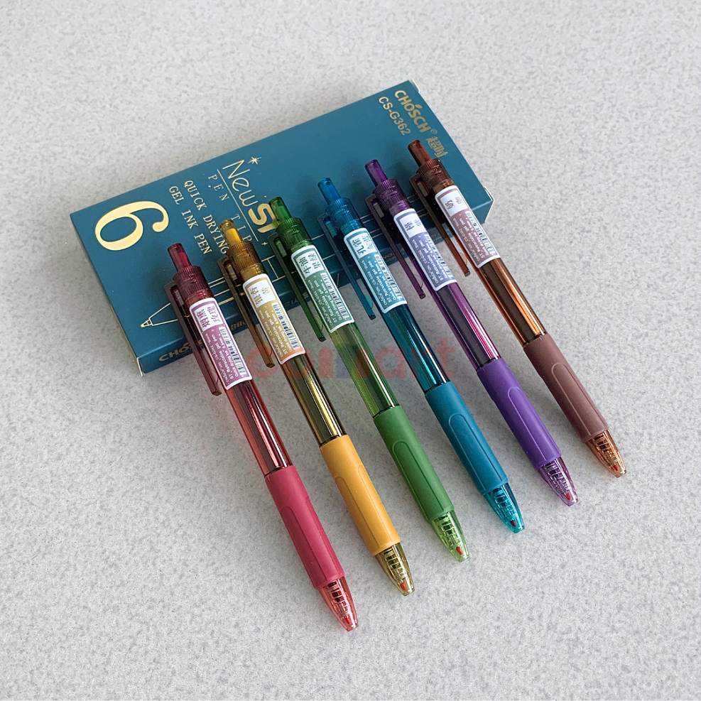 

6 PCS Chosch Gel Pen 0.5mm - Pulpen Gel Retro Cetek Warna Hitam Dengan Rubber Grip G362