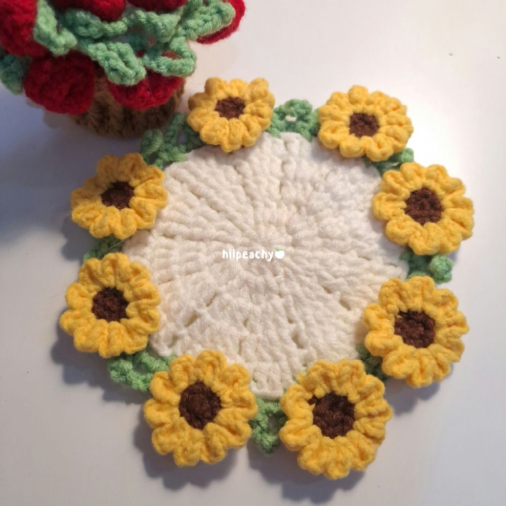 Crochet Flower Bouquet Coaster / Tatakan Gelas Bunga Rajut / Sunflower Crochet Coaster / Rose Croche