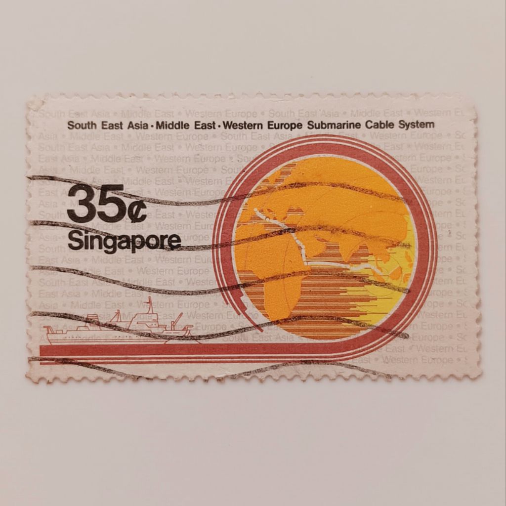 

(AD) Perangko Singapore 1987 Submarine Cable System - Map showing cable route 35 cent Used