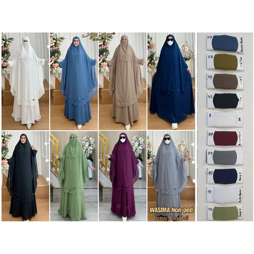 Gamis Syar'i Set Hijab Tanpa Pet Kode WASIMA NON PET Bahan Ceruti BabyDoll By AJEZAS