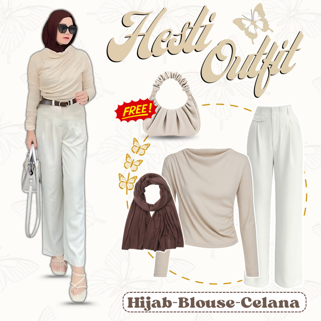 Outfit Wanita Kekinian (Blouse April Rib Cream|Celana Oro Pants Broken White|Pashmina Coklat) QNL155