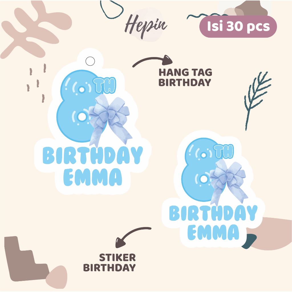 

(30pcs) Hang Tag & Stiker Birthday Tema PITA-watercolor /Sticker Nama Ulang Tahun
