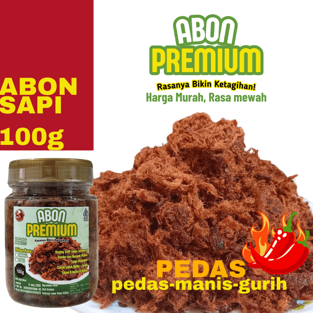 

Abon Sapi PREMIUM Asli Lezat dan Siap Saji 100g PEDAS (Pedas Manis dan Gurih)