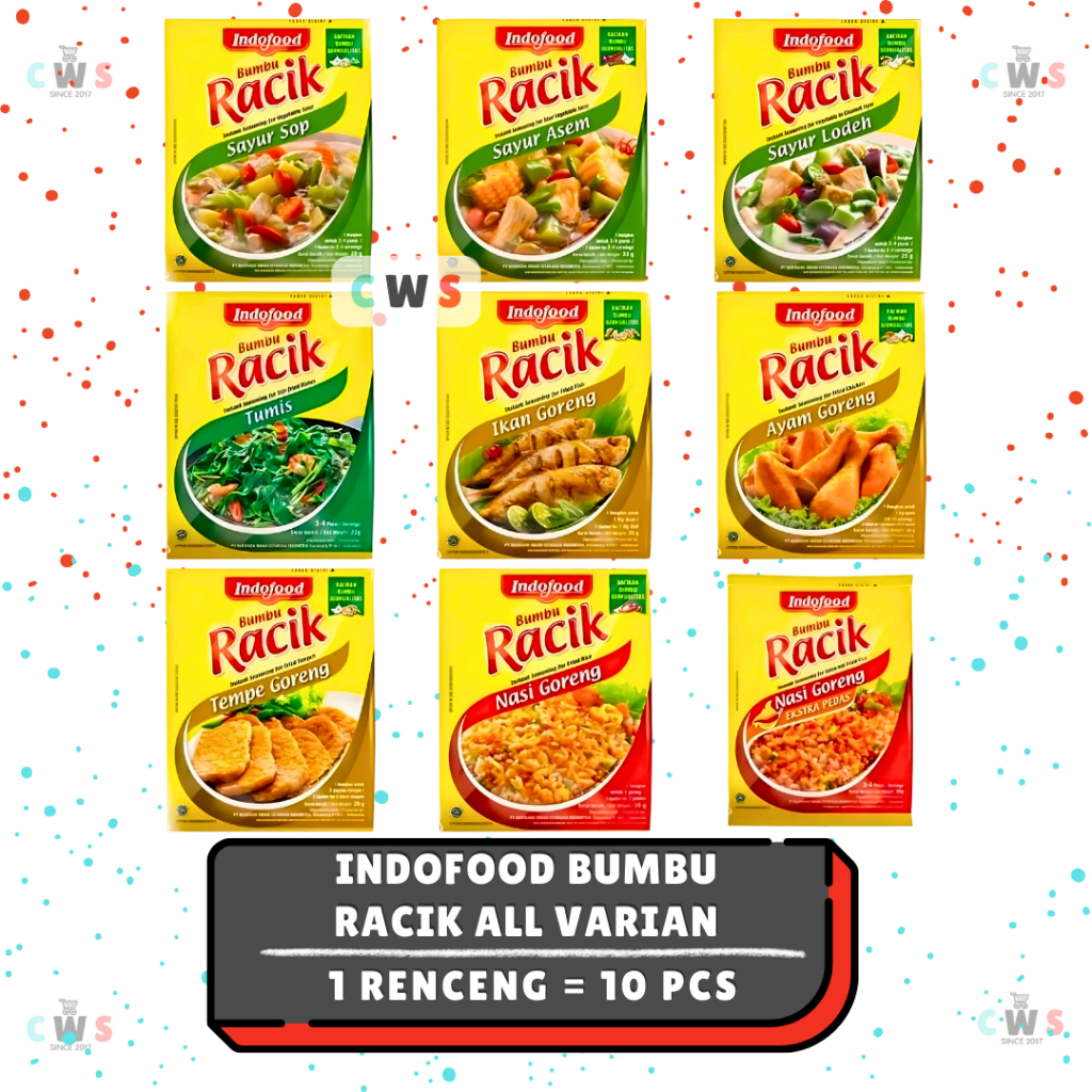 

RACIK Indofood Bumbu Instan Ikan Tempe Ayam Nasi Sop Lodeh Asem Sachet - 1 Renceng / 10 Pcs
