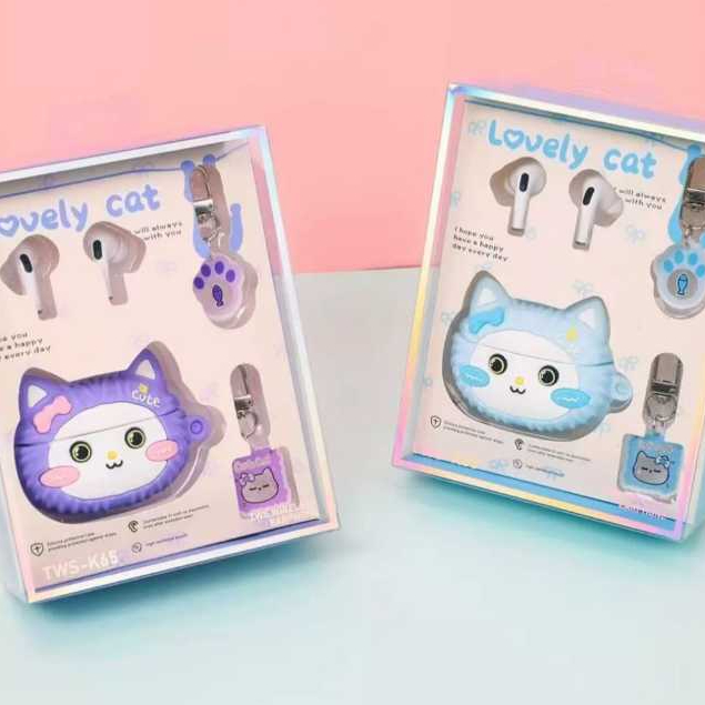 K65 TWS Bluetooth Lovely Cat Kartun Karakter Kucing Lucu Earphone Bass Suara Jernih