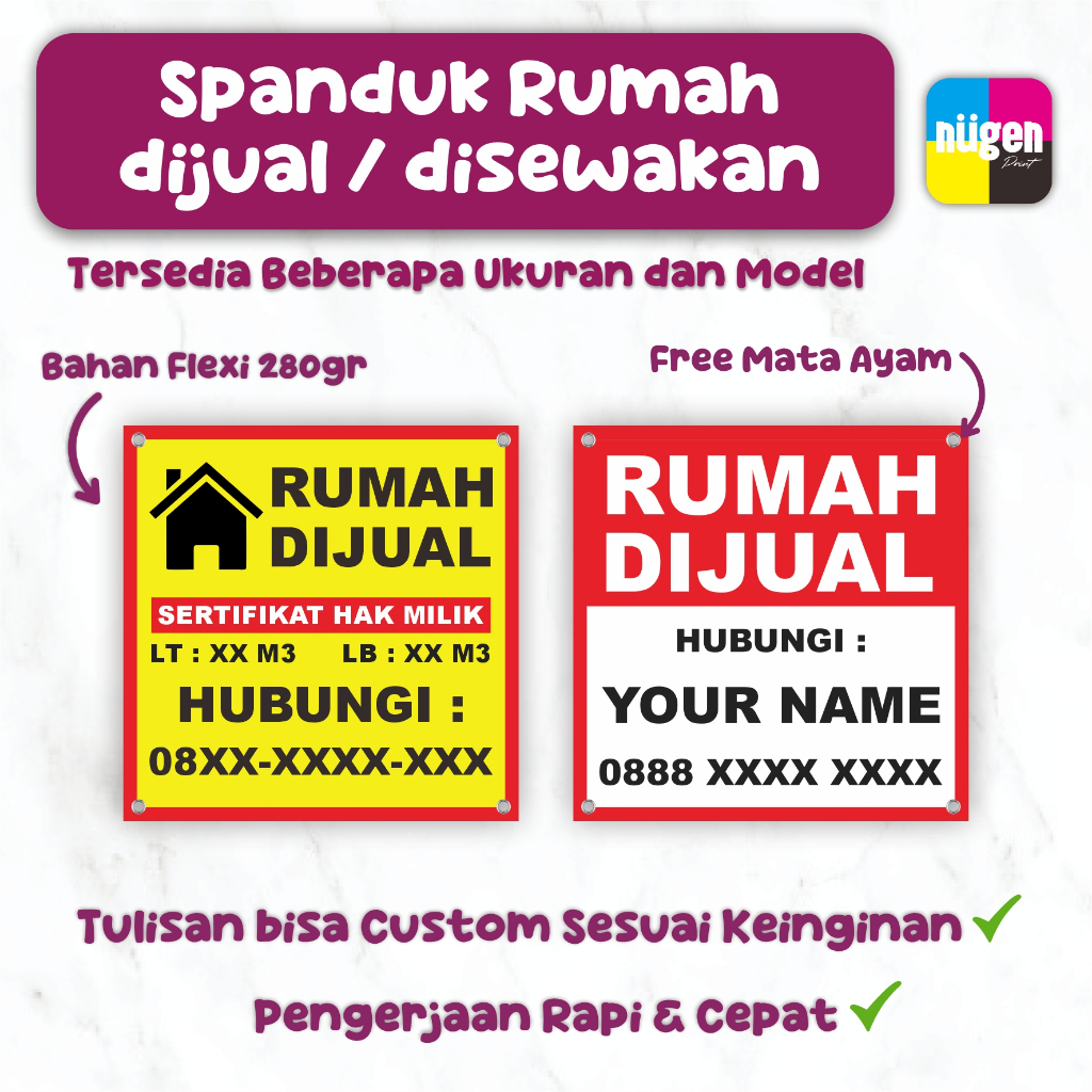 Spanduk Rumah Dijual / Ruko Disewakan / Banner Rumah Dikontrakan / Tanah Dijual / Tanah Disewakan / 