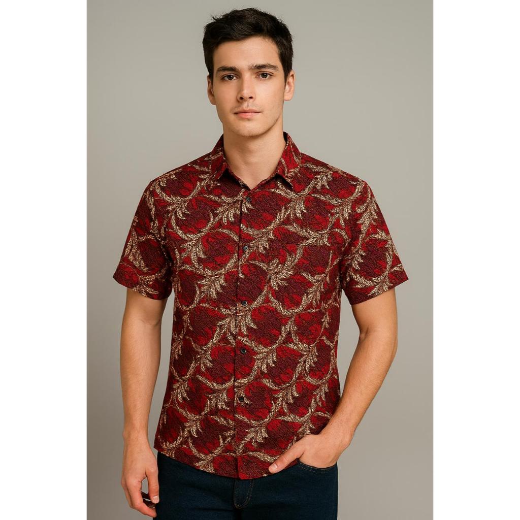 Kemeja Batik Pria Lengan Pendek Merah