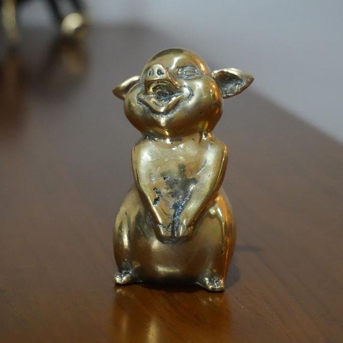 patung babi kuningan kecil - Vintage Pig Brass Statue