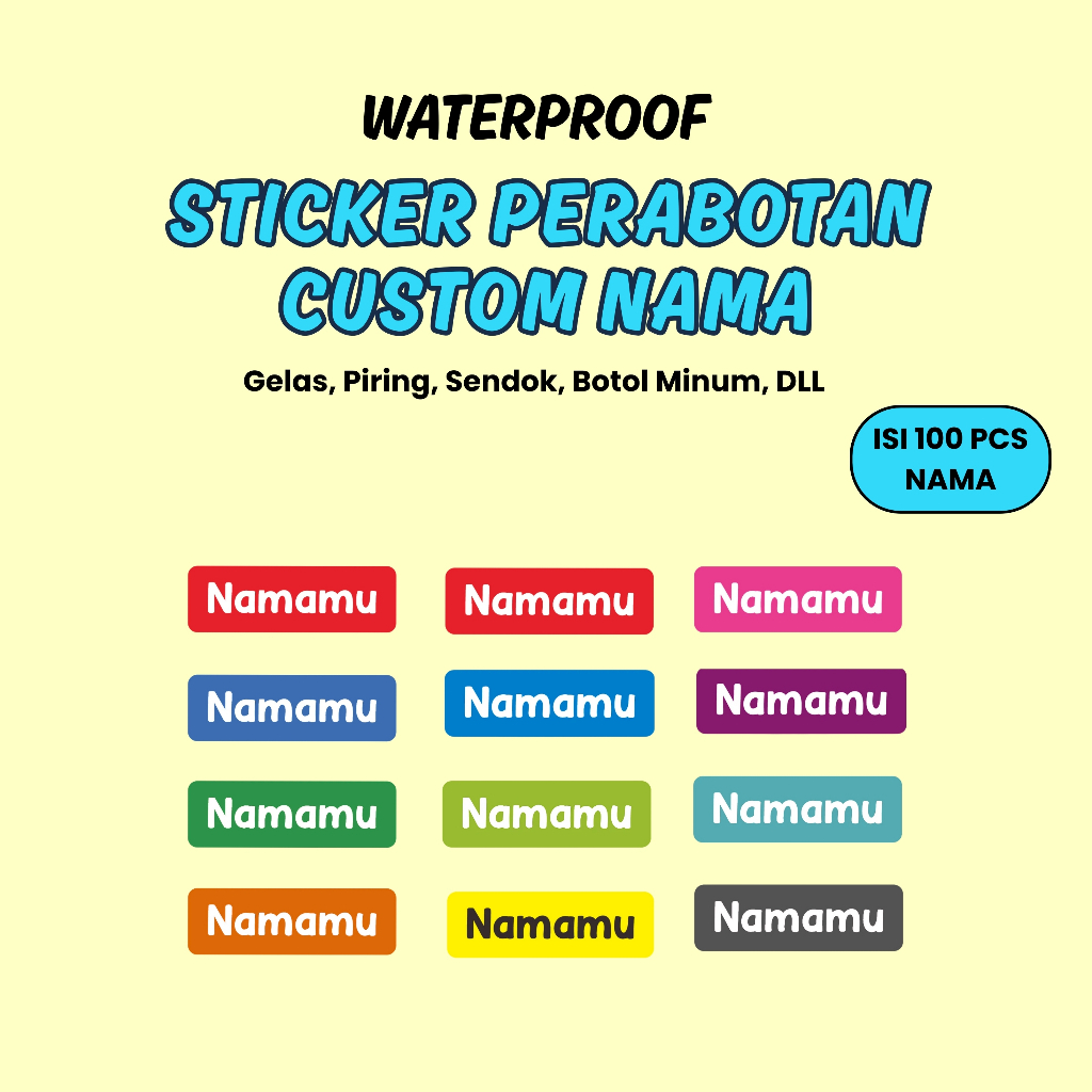 

Stiker Custom Nama Barang 100 Pcs Piring Sendok Botol Gelas timbul waterproof label