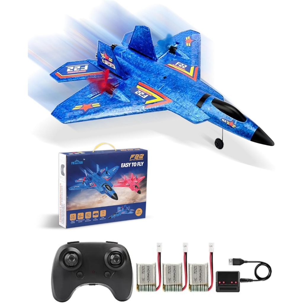 Blue RC Plane for Kids Upgrade F-22 Raptor Fighter RC Airplane Remote Control