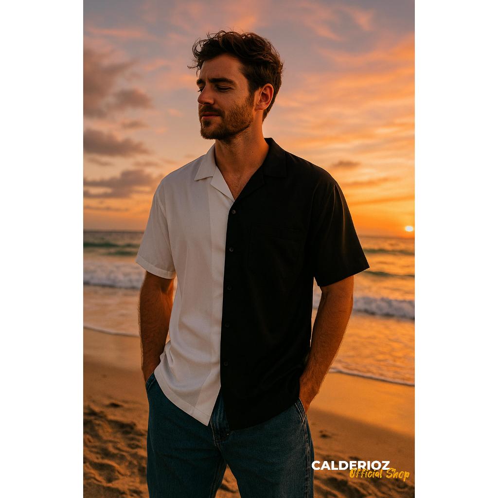 Calderioz - Kemeja Pantai Hawaii Pria Wanita Motif Kombinasi Hitam Putih Tropis Casual Santai Summer