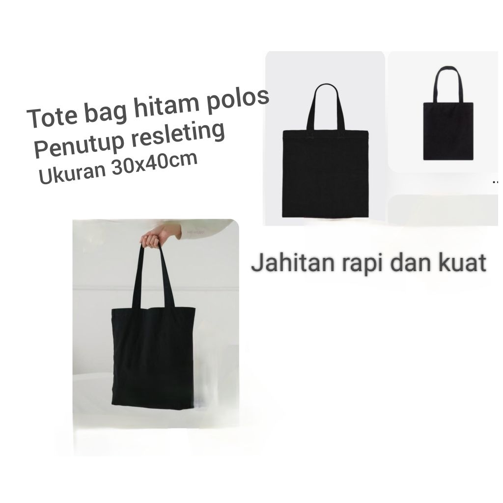 Tote bag hitam polos ukuran 30x40cm resleting bahan kain drill