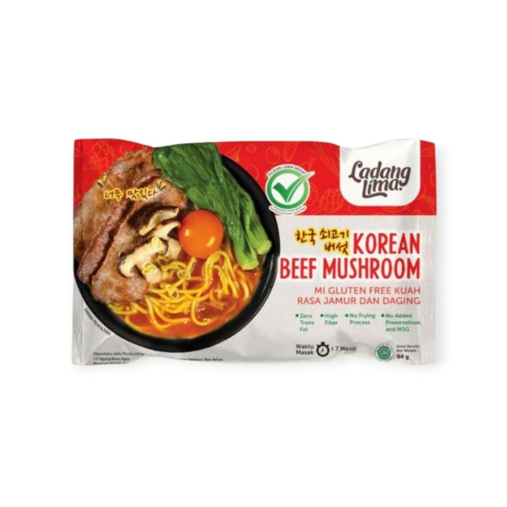 

Ladang Lima Korean Beef Mushroom Mi Gluten Free kuah rasa jamur dan daging 94g