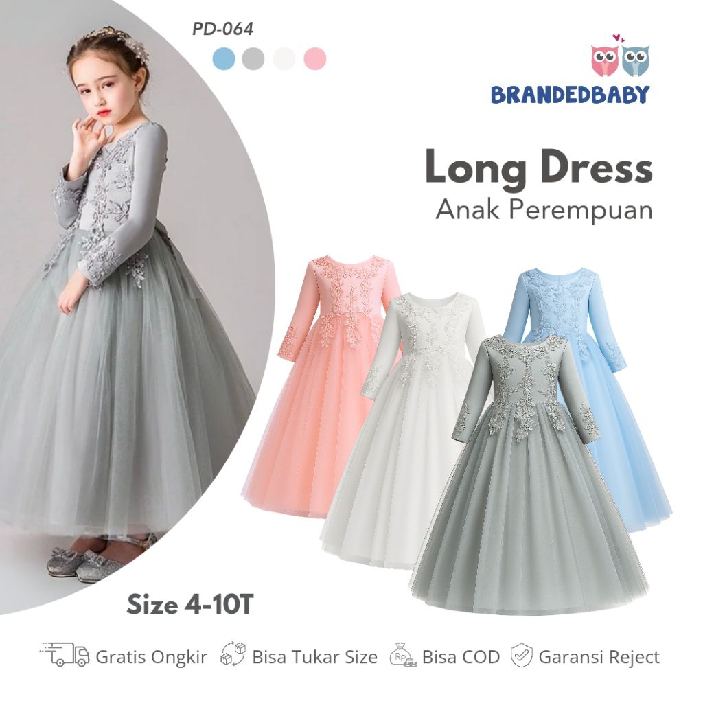 [Brandedbaby] 4T-10T Dress Pesta Anak Perempuan Lengan Panjang Satin Tulle Bunga Long Dress Anak Per