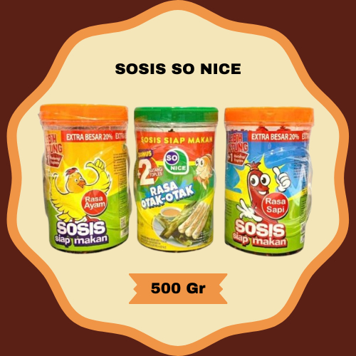 

Sosis So Nice Siap Makan Kemasan Toples 500gr @24pcs Rasa Ayam/Sapi/Otak-Otak