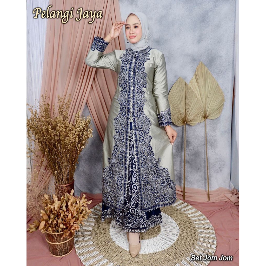 Set Tunik Satin Bordir Mewah Terbaru.Baju Setelan Muslim Wanita Pesta Kondangan Elegan