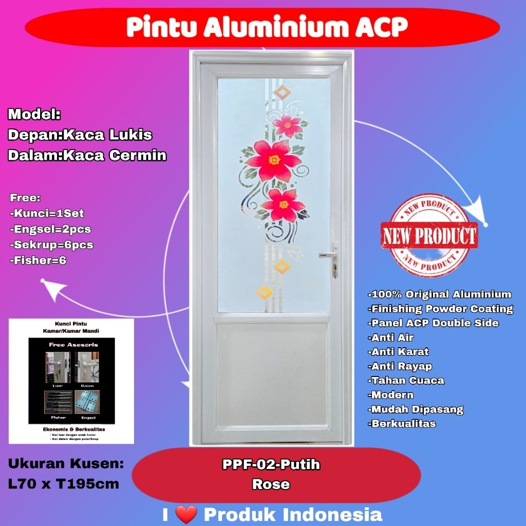 Pintu Kamar Mandi Aluminium-Happy Door-PPF 02-3/4 Kaca Lukis Rose-Kaca Cermin Dalam-Putih