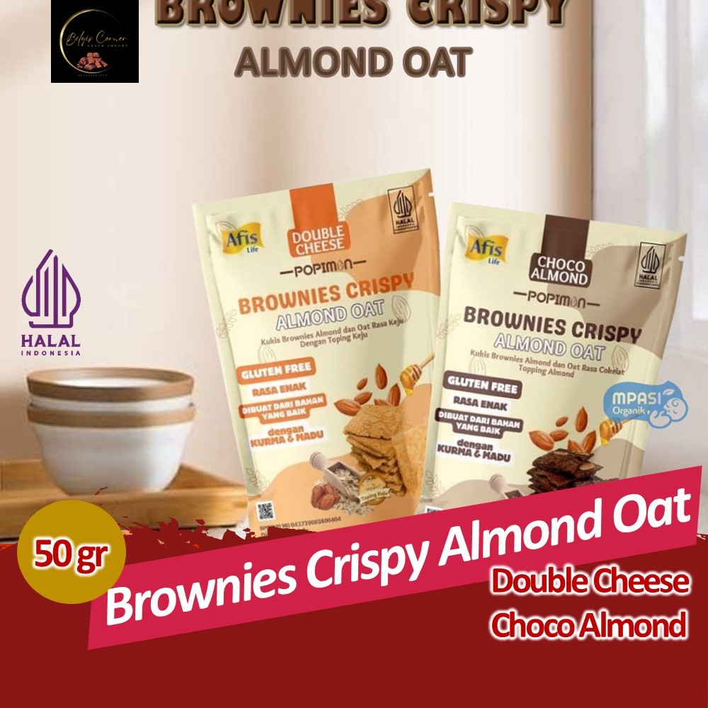 

Afis Popimon Brownies Crispy Almond Oat Gluten Free Choco Almond and Double Cheese 50 Gram