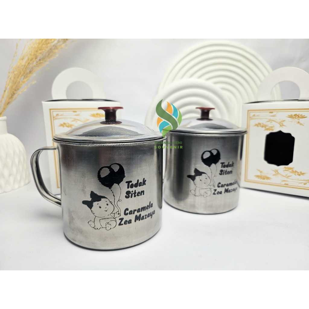 Souvenir Gelas Enamel Stainless Tutup Cangkir Minum 9cm Mug Anti Pecah Tumbler Sablon Kemas Box