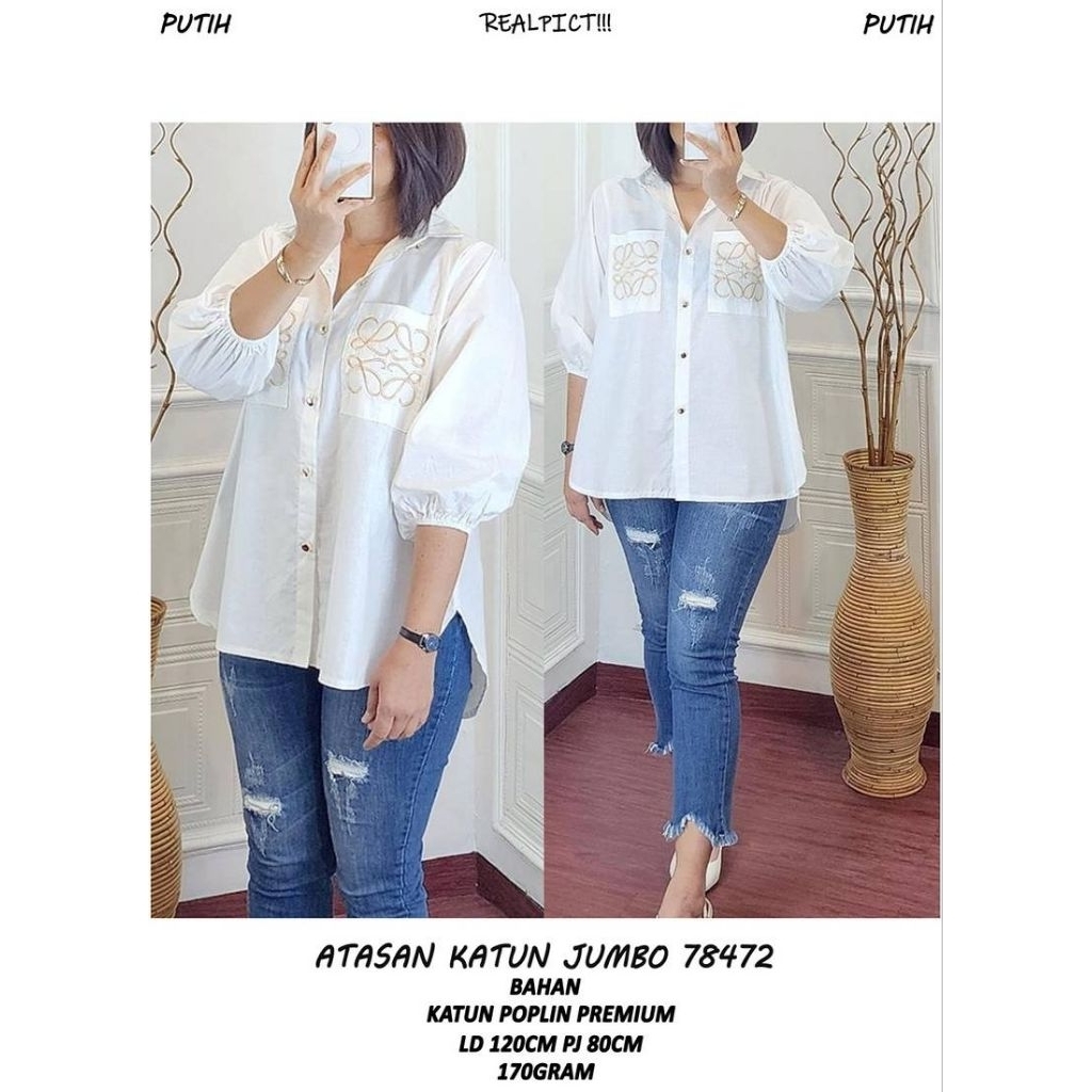 KC 78472 ATASAN KATUN JUMBO LD 120CM IMPORT / KEMEJA LENGAN BALON WANITA / READY / REALPICT