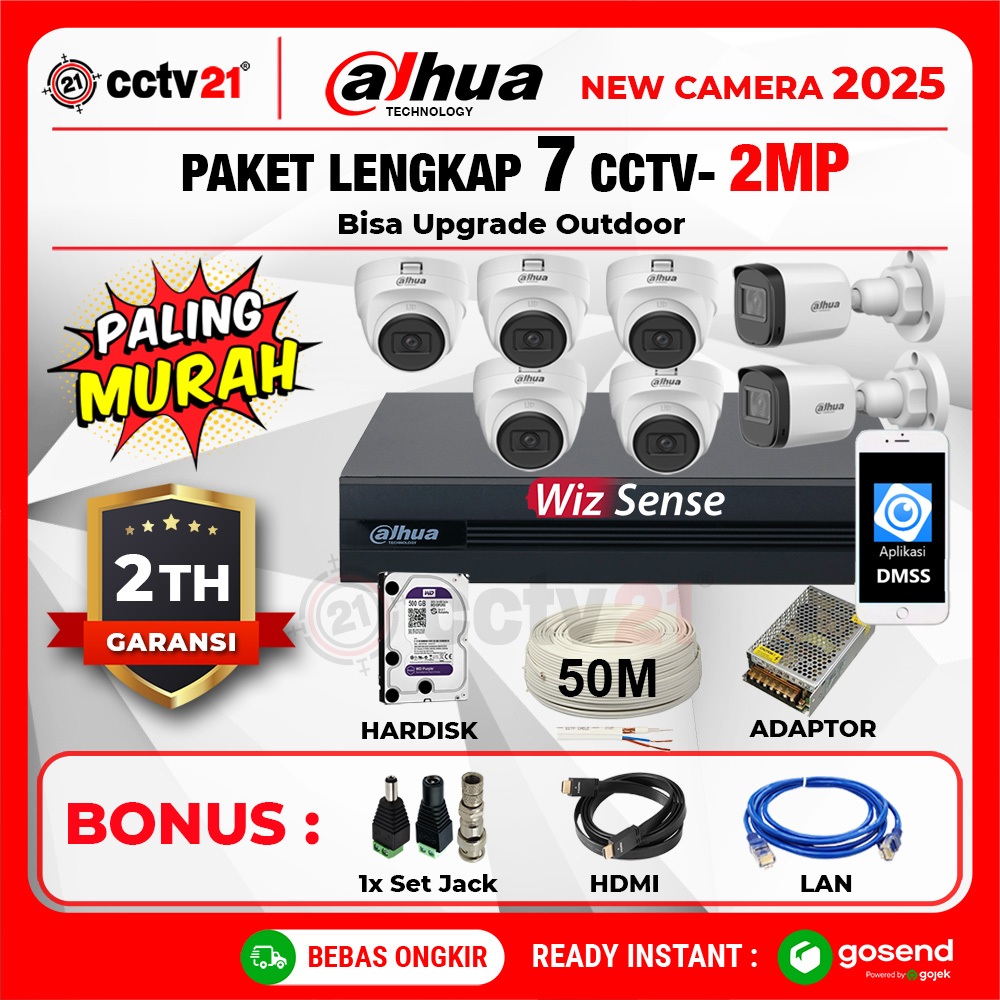 Paket Lengkap cctv DAHUA 7 kamera 2MP 1080p DVR 8 Channel Komplit Tinggal Pasang