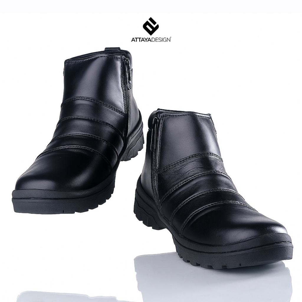 RECOMMENDED ATTAYA DESIGN Sepatu Pria Boot Fashion Kulit Asli Original Tanpa Talii Warna Hitam RS