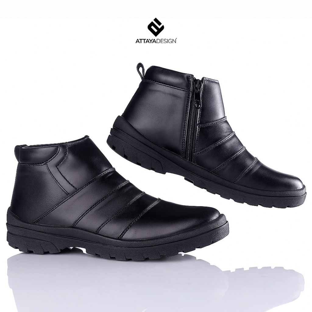 ATTAYA DESIGN Sepatu Pria Boot Fashion Kulit Asli Original Tanpa Talii Warna Hitam RS